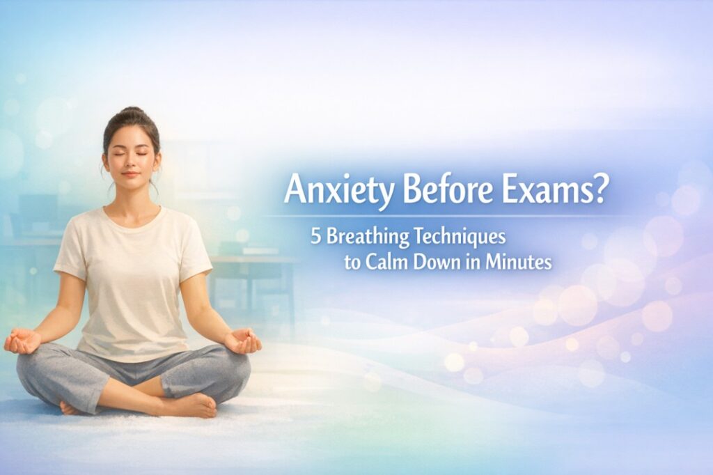 Student practicing exam anxiety breathing techniques to calm nerves and restore focus minutes before an important exam