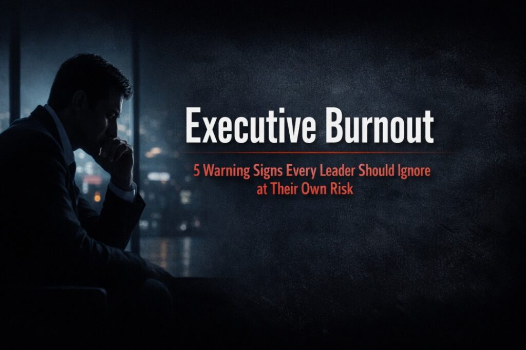 Executive burnout warning signs visual showing a business leader under mental pressure and decision fatigue in a modern work setting