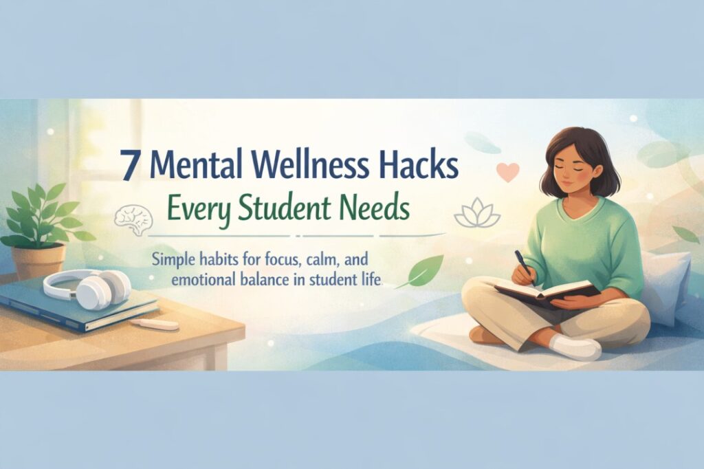 Exam Stress to Success showing a calm focused student practicing mental wellness hacks to manage exam pressure and emotional balance.
