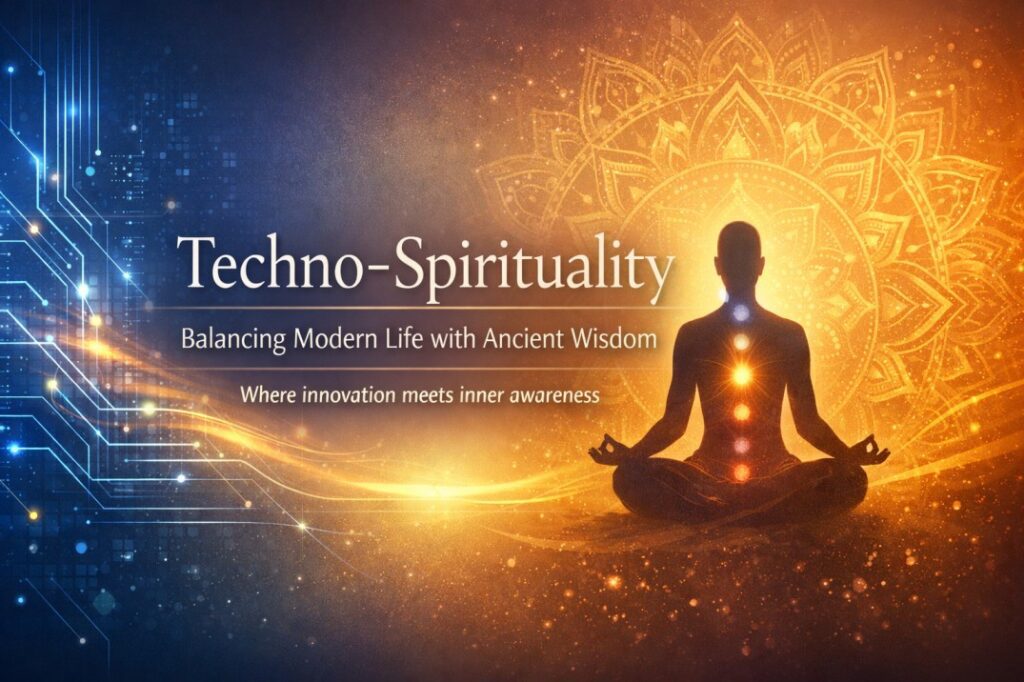 Techno-Spirituality concept showing modern digital life blended with ancient wisdom for emotional balance and conscious living
