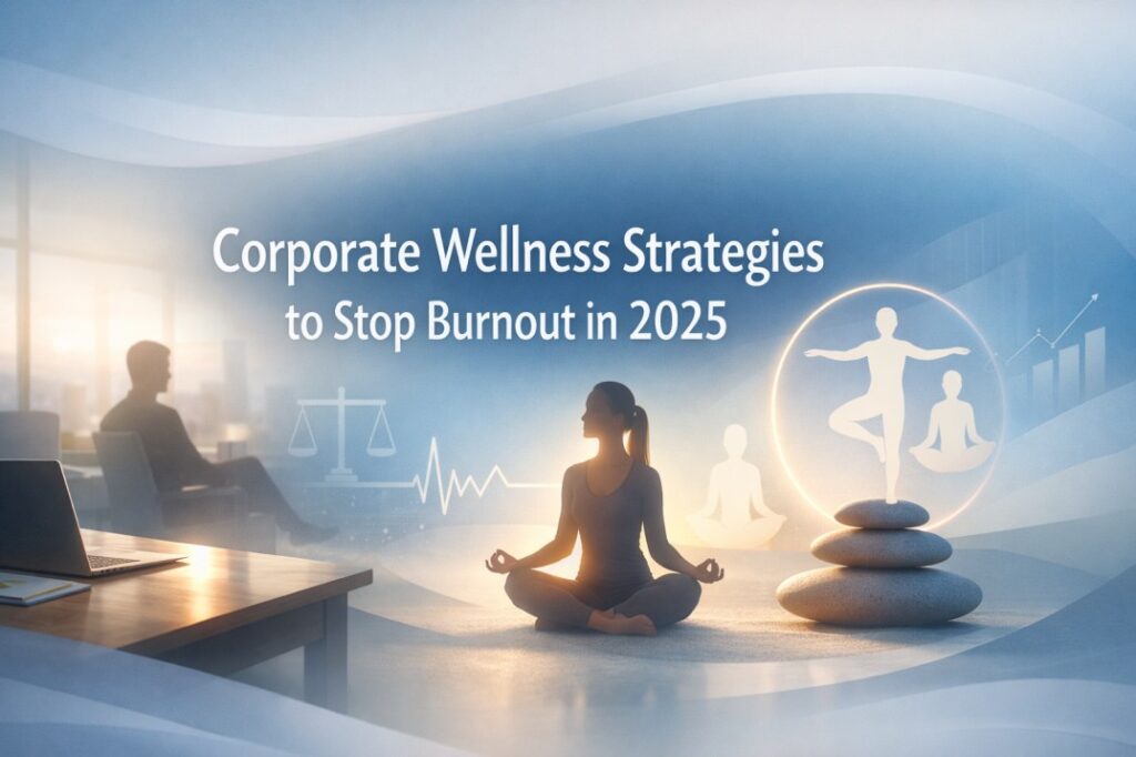 Corporate wellness strategies banner showing calm modern office culture focused on burnout prevention and employee mental balance