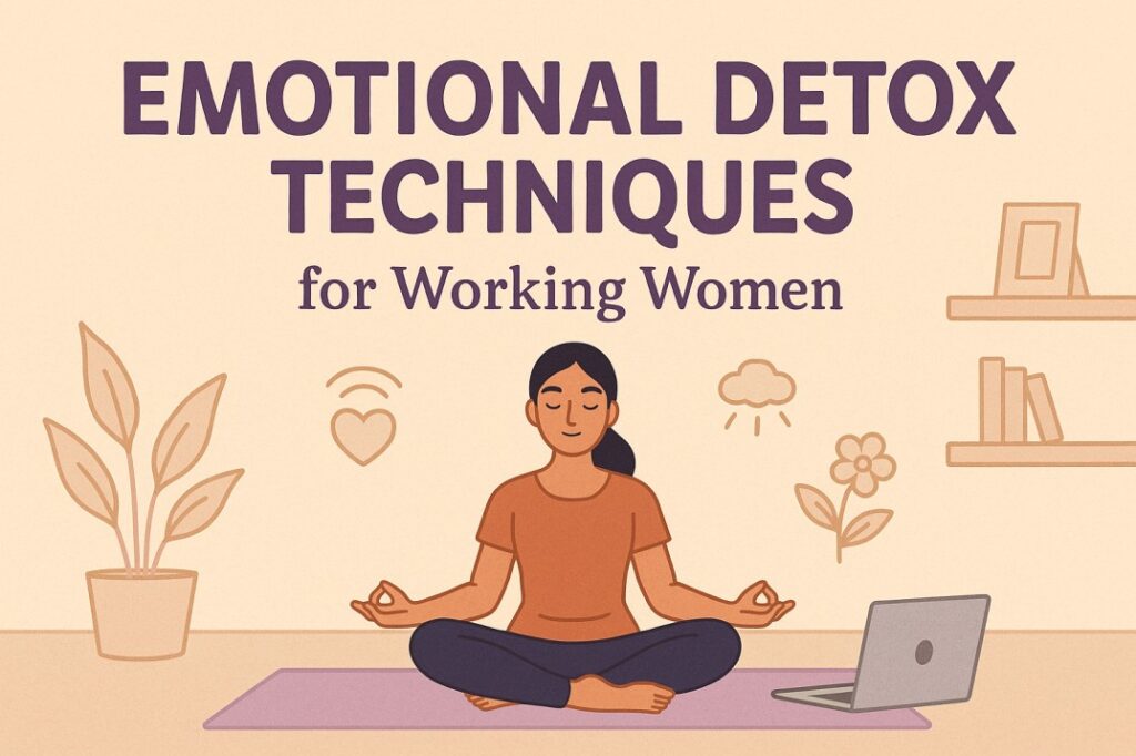 Emotional detox techniques for working women shown through calm visuals that highlight clarity, balance, and stress release in daily routines.