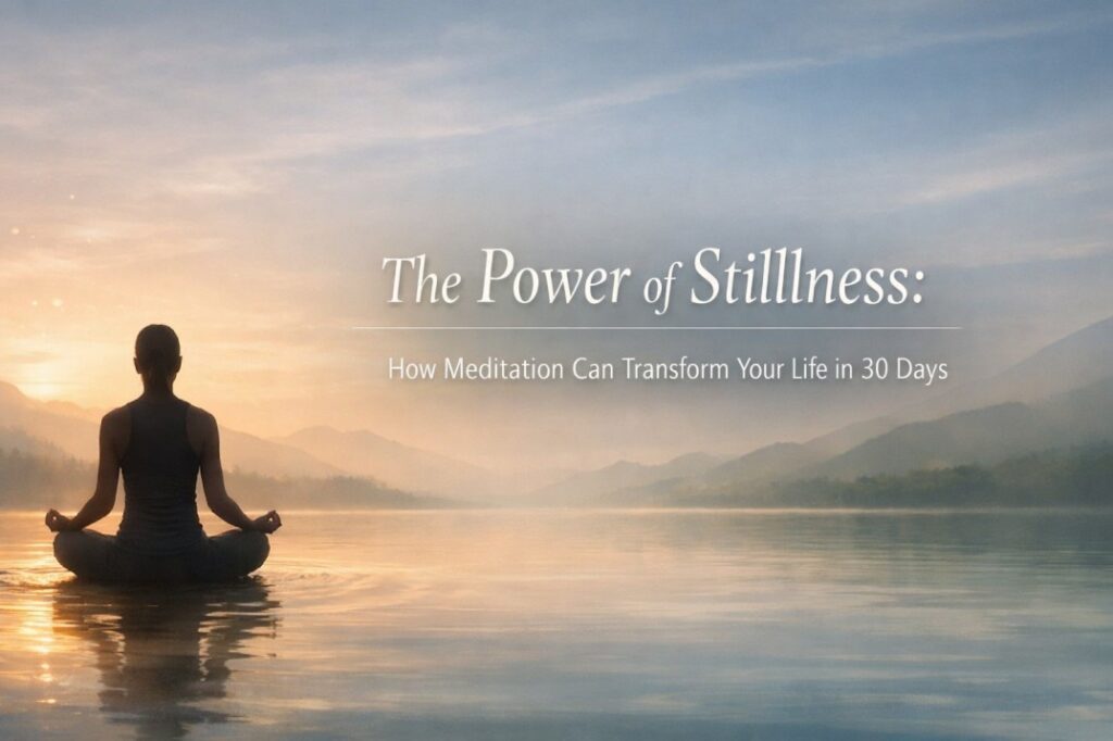 Meditation for life transformation showing a calm person practicing stillness to build mental clarity and emotional balance in 30 days