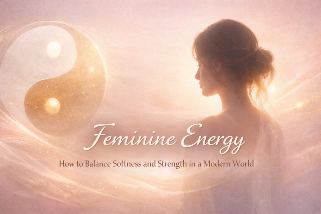 Feminine energy balance illustrated through calm confidence, emotional strength, softness, and inner stability in modern women