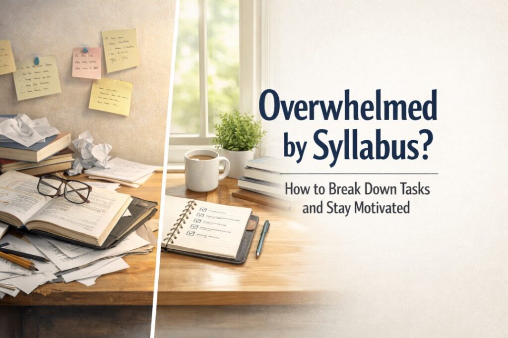 Student sitting with books and planner learning how to manage overwhelmed by syllabus stress with calm focus