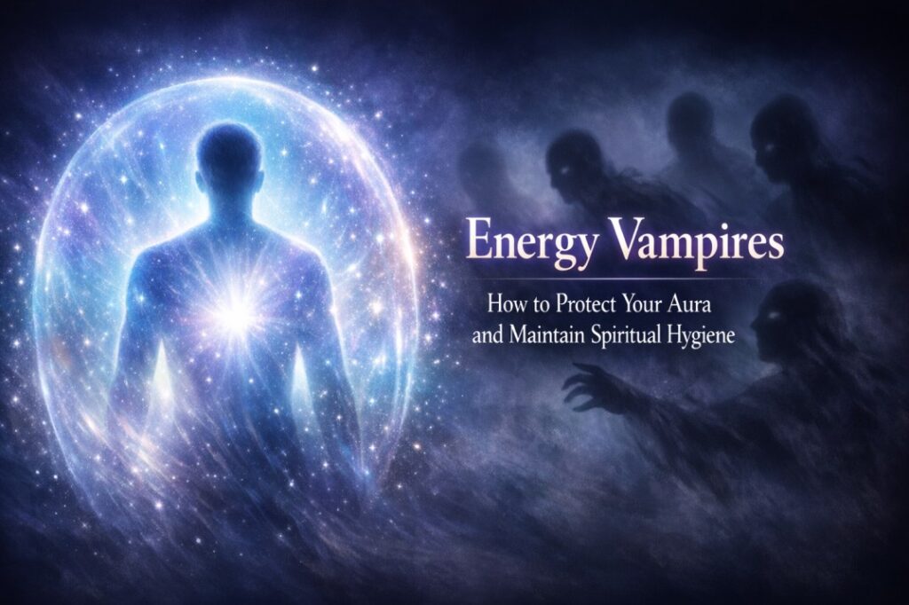 Energy vampires draining emotional balance while a calm aura remains protected through awareness and spiritual hygiene practices