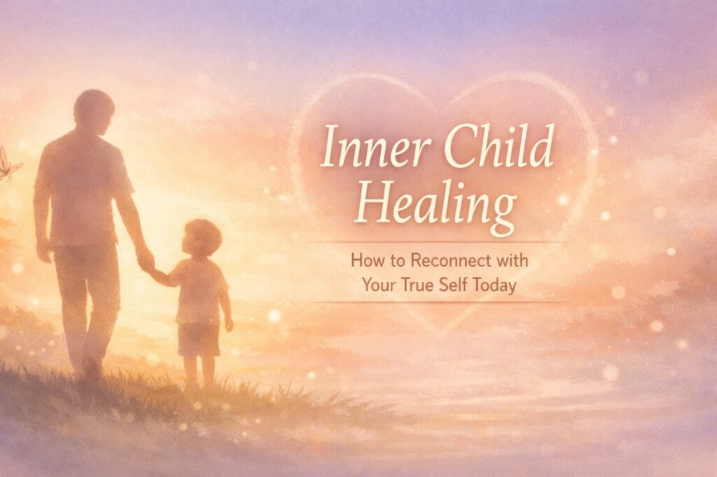Inner Child Healing visual showing calm adult reconnecting emotionally with younger self in a safe and peaceful inner space
