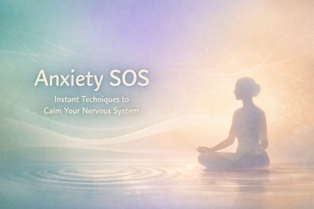 Anxiety SOS visual showing calm breathing and body based techniques to regulate the nervous system naturally and safely