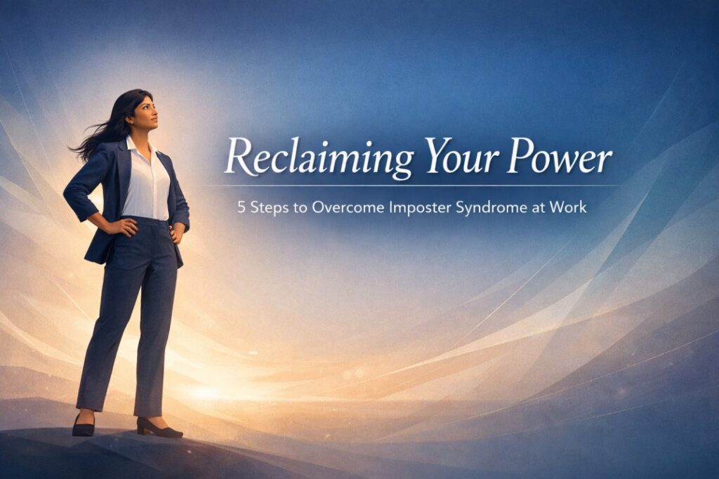 Professional regaining confidence while overcoming imposter syndrome at work through calm clarity and steady workplace self belief