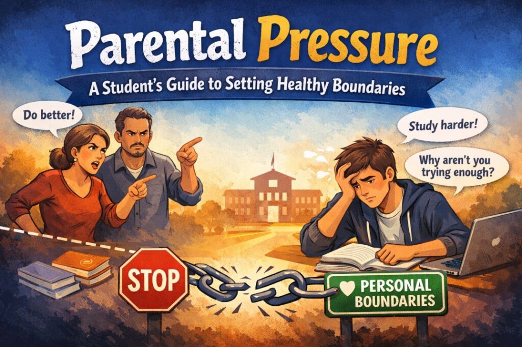 Student reflecting calmly while managing parental pressure and learning healthy boundaries for emotional balance and confident decision making