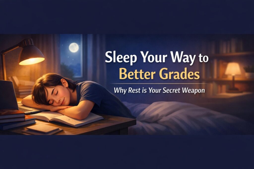 Sleep and academic performance visual showing a rested student studying calmly with books soft light.