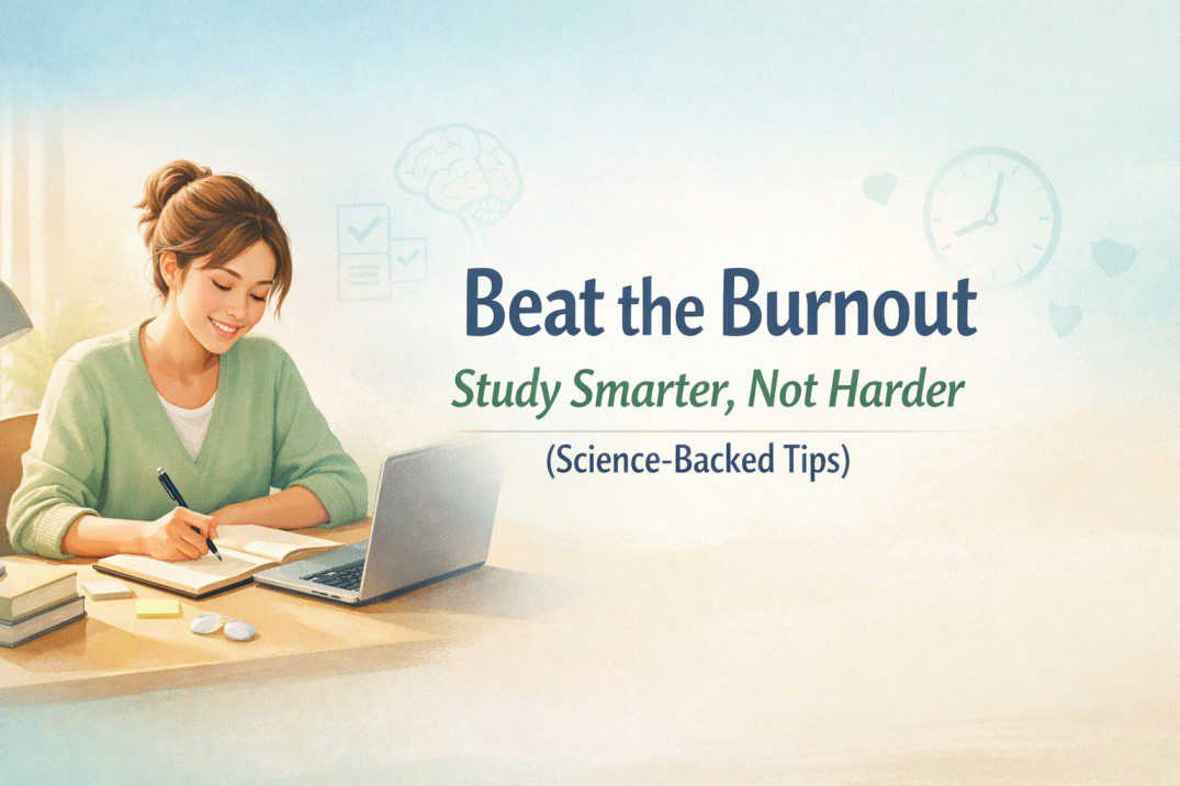 Student learning calmly using study smarter not harder methods, focusing deeply without stress, burnout, or mental exhaustion