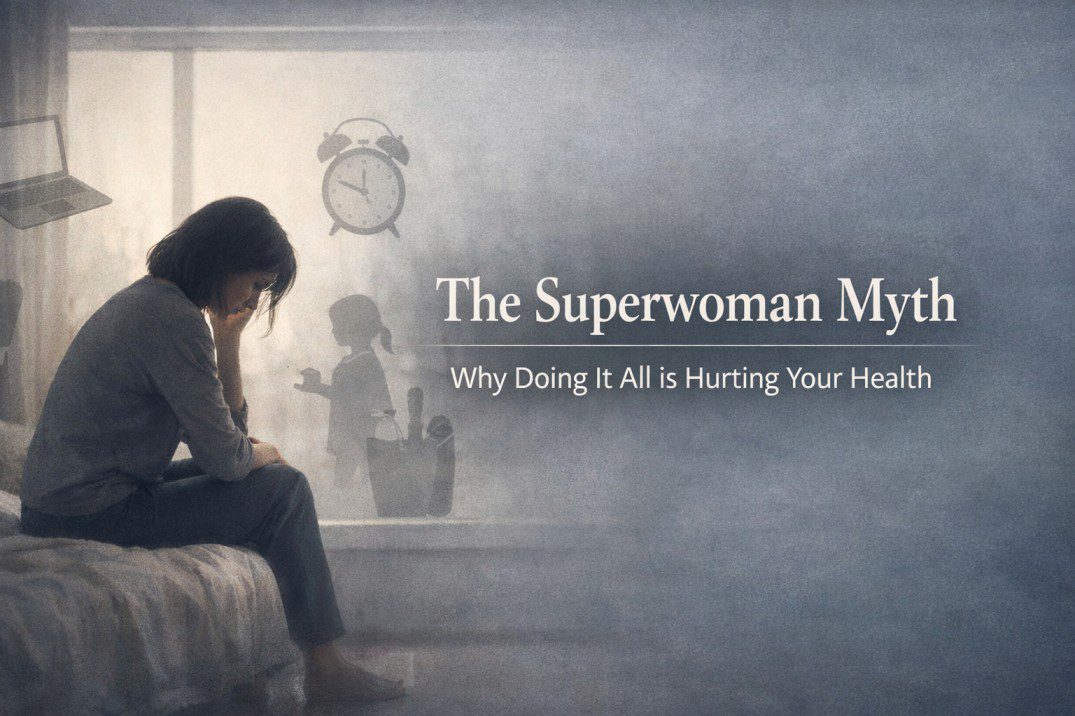 Superwoman myth health visual showing a modern woman balancing work, family, and emotions while appearing strong but feeling exhausted.