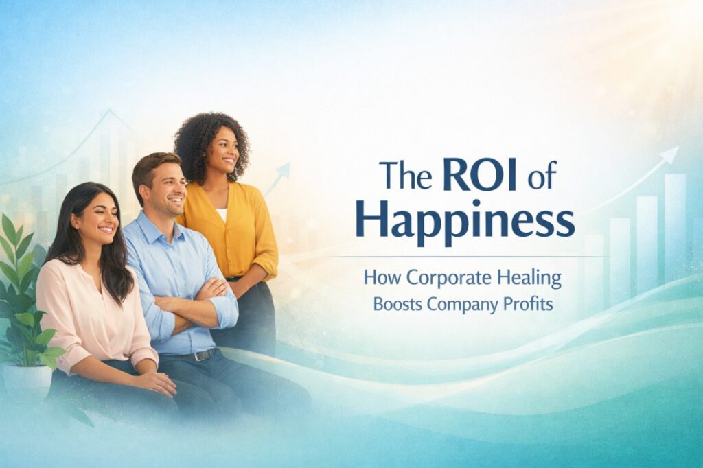 Corporate healing ROI illustrated through balanced employees confident leadership calm work culture and measurable business performance outcomes