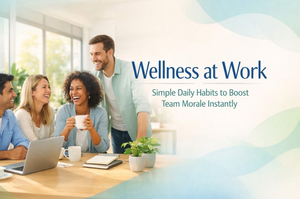 Wellness at work habits showing a calm office team practicing simple daily routines that improve morale and emotional balance