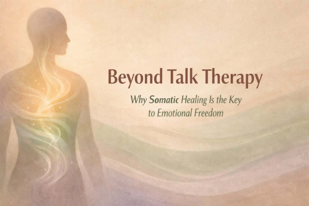 Somatic healing concept showing mind body connection through calm posture and grounded presence during emotional release