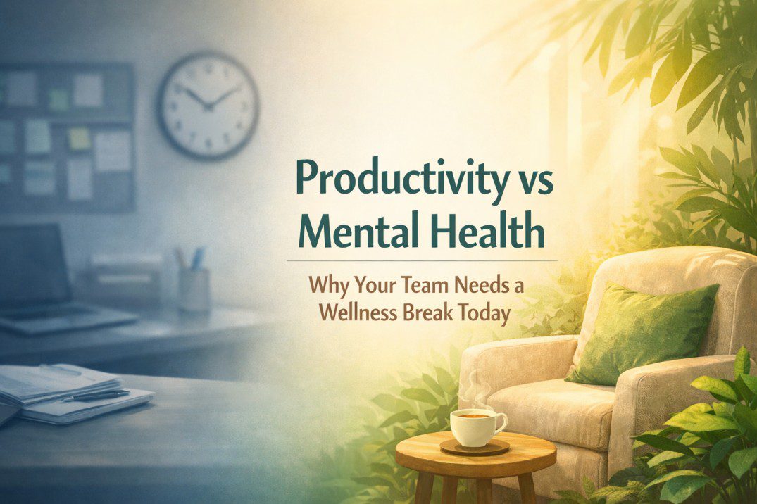 Productivity vs. Mental Health workplace scene showing tired employees finding balance through a guided wellness break