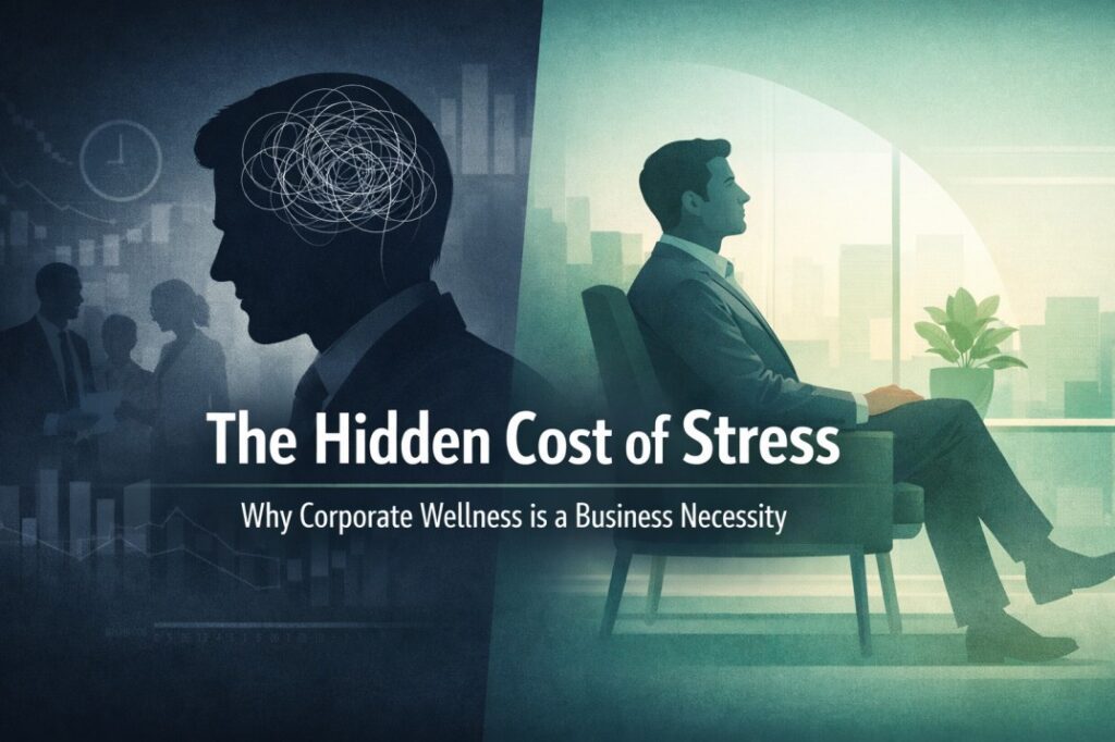 Corporate wellness visual showing workplace stress impact on employees, leadership pressure, burnout risks, and business performance outcomes