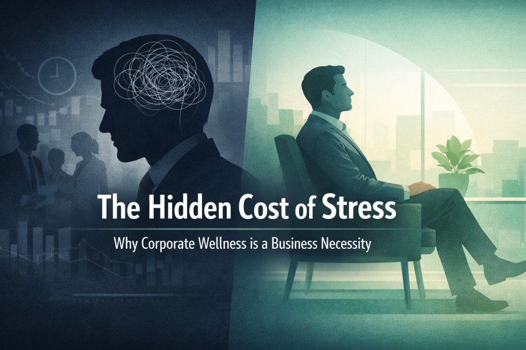 Corporate wellness visual showing workplace stress impact on employees, leadership pressure, burnout risks, and business performance outcomes