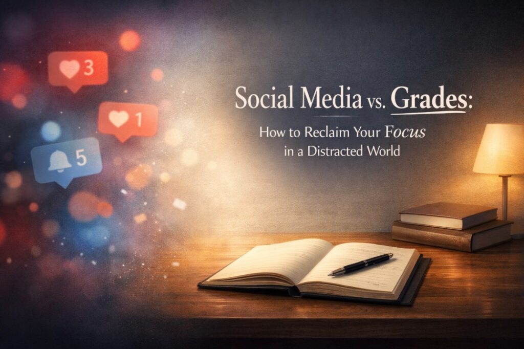 Social media vs grades showing a distracted student choosing focus over phone notifications during study time at a desk