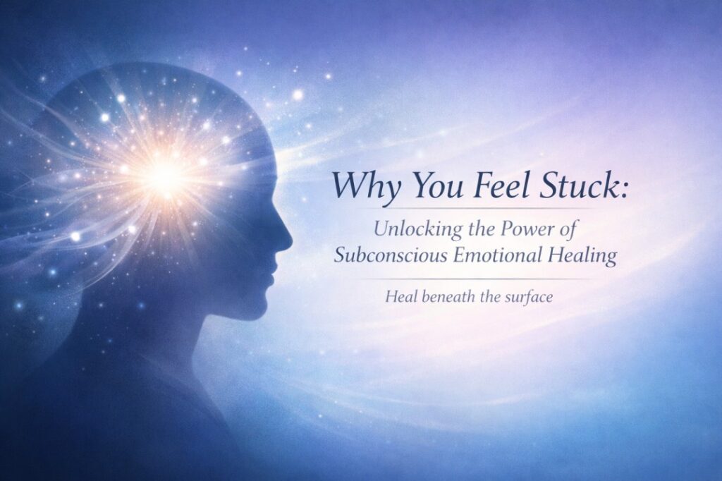 Subconscious emotional healing concept showing a calm human silhouette releasing emotional blocks and mental heaviness through inner clarity