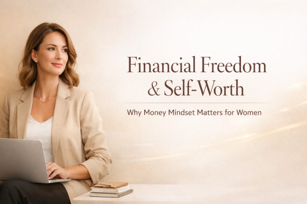 Financial freedom for women shown through calm confidence, balanced money mindset, and empowered emotional connection with wealth