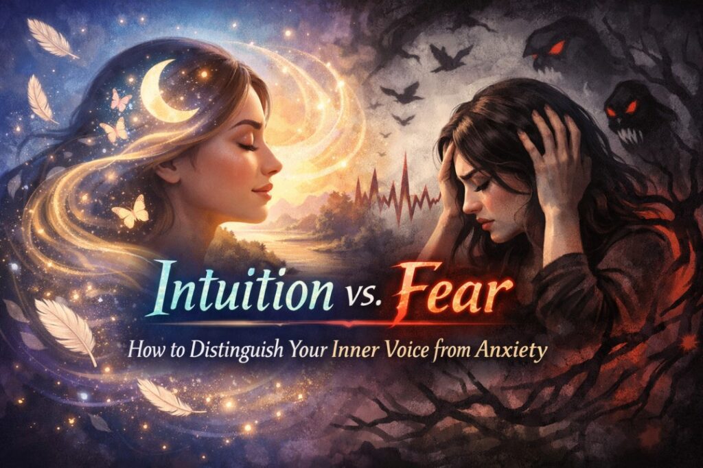 Intuition vs fear shown through calm light and shadow, reflecting emotional clarity and anxiety awareness within the inner voice.