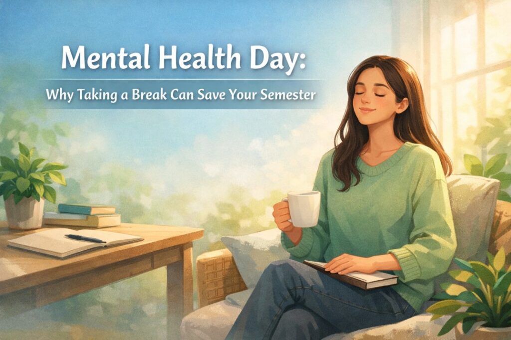 Mental health day for students showing a calm study break that supports focus, emotional balance, and academic clarity during college semesters.