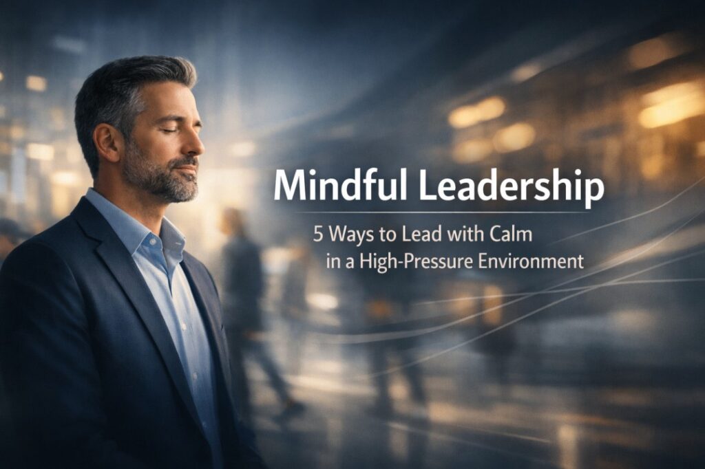 Mindful leadership guiding calm decision making in a high pressure work environment with clarity, presence, and emotional balance
