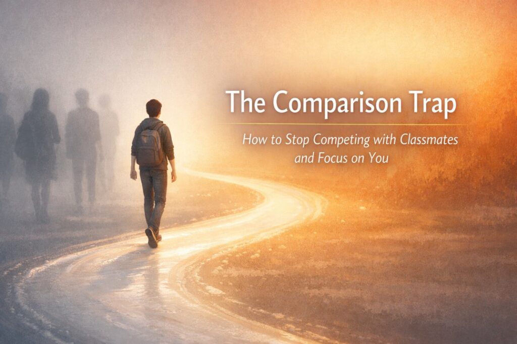 The comparison trap visual showing a student calmly focused on personal goals instead of competing with classmates