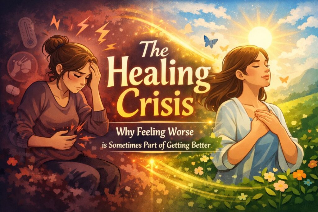 Healing crisis concept showing emotional discomfort and clarity emerging together during a deep inner healing process