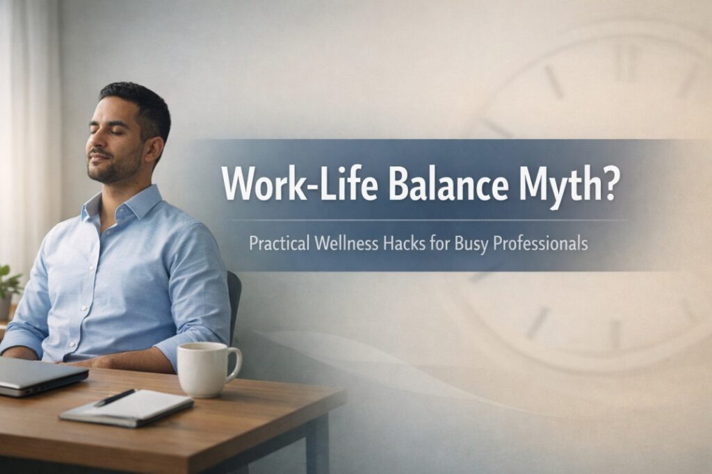Work life balance myth visual showing a busy professional using simple wellness habits to stay calm, focused, and mentally balanced
