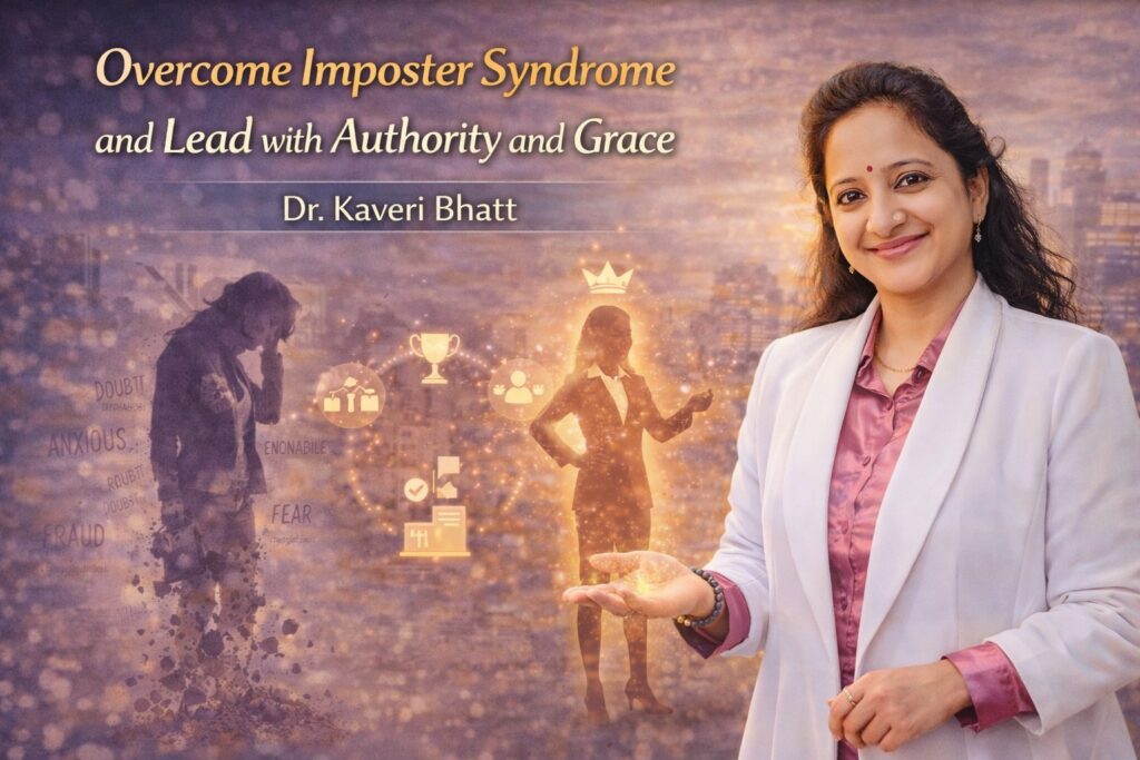 Professional woman reflecting calmly to overcome imposter syndrome and step into grounded authority