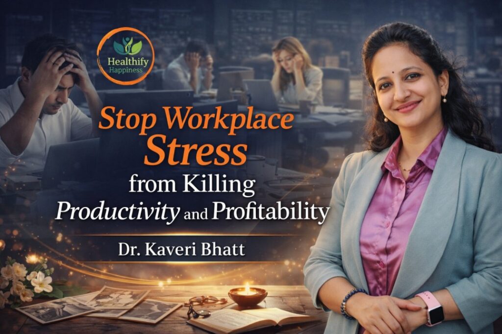 Stop Workplace Stress concept showing calm professional regaining focus and emotional balance at work