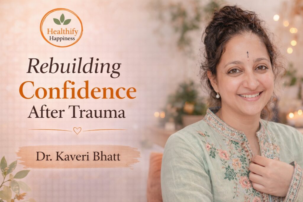 A calm woman sitting peacefully while rebuilding confidence after trauma through emotional healing and self reflection