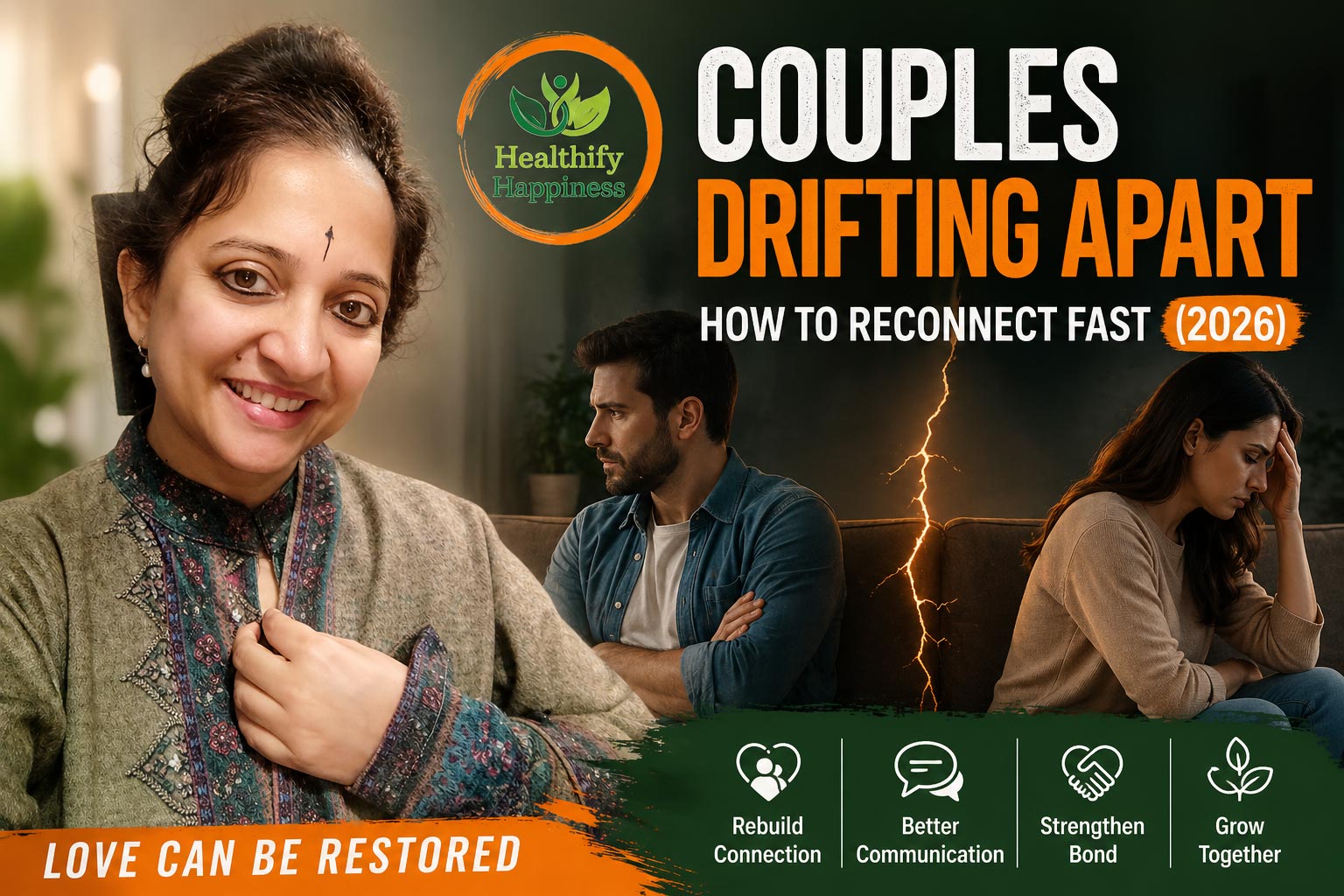 Couples drifting apart emotionally while sitting together in silence, showing distance and the need to reconnect