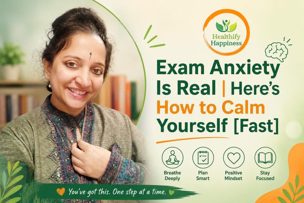 A stressed student calming exam anxiety through breathing and emotional grounding before an important test