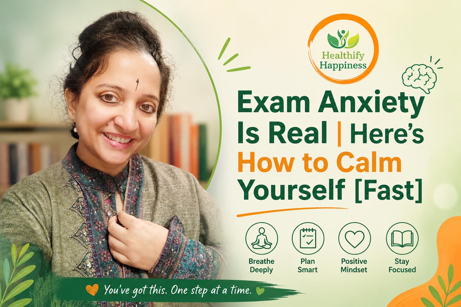 A stressed student calming exam anxiety through breathing and emotional grounding before an important test