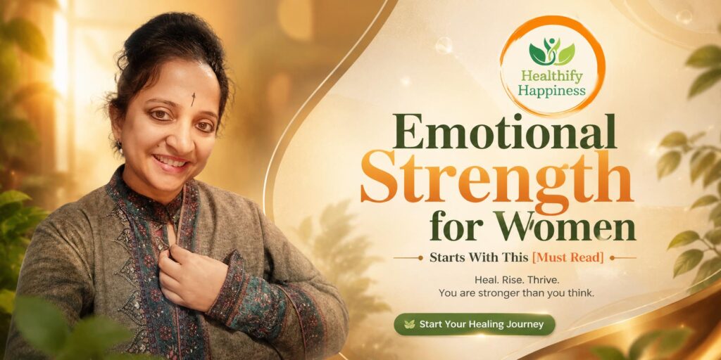 Emotional Strength for Women – Healthify Happiness wellness banner featuring a smiling woman and a healing-focused message