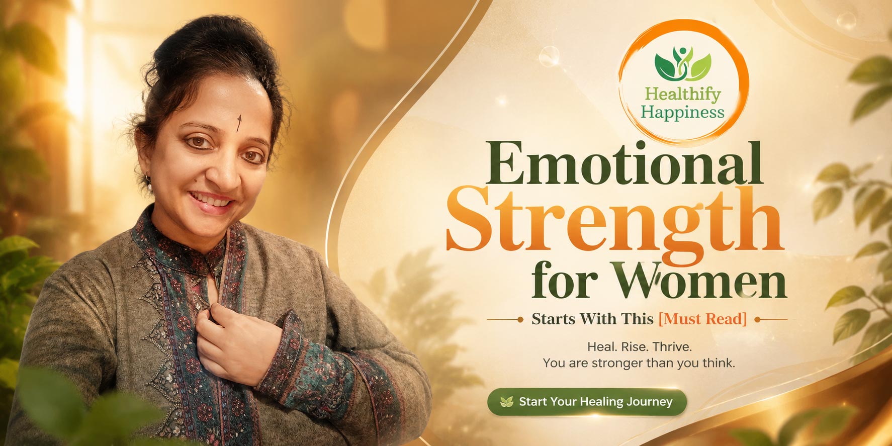 Emotional Strength for Women – Healthify Happiness wellness banner featuring a smiling woman and a healing-focused message