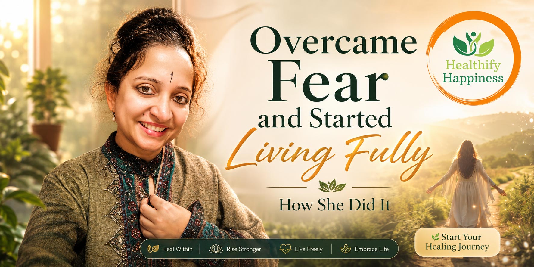Woman smiling confidently after overcoming fear, representing emotional healing and personal transformation with Healthify Happiness.