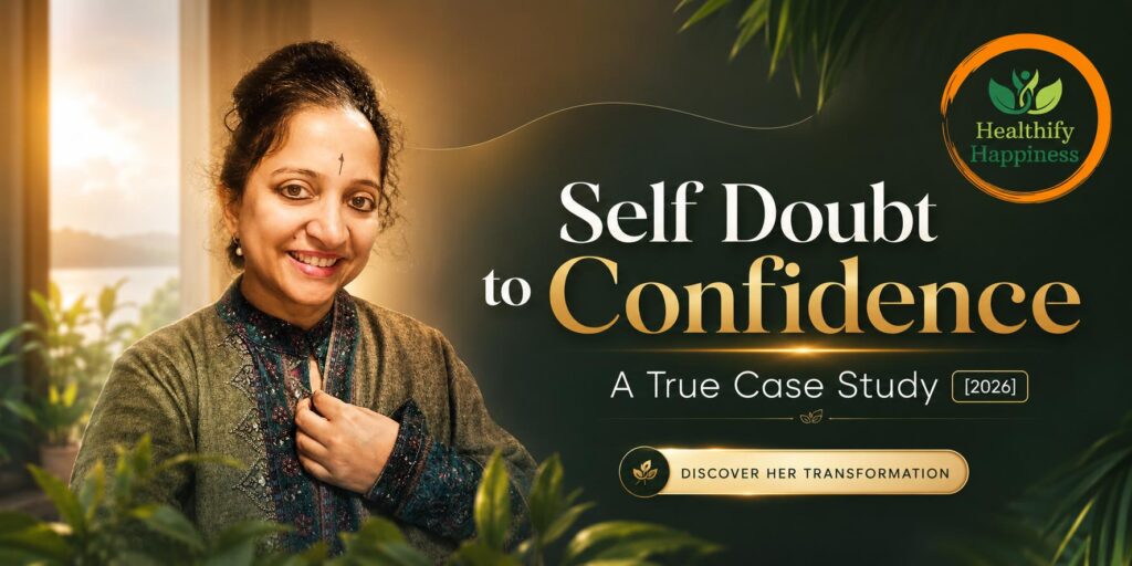 A woman smiling confidently representing a real emotional healing journey from self-doubt to confidence for Healthify Happiness.