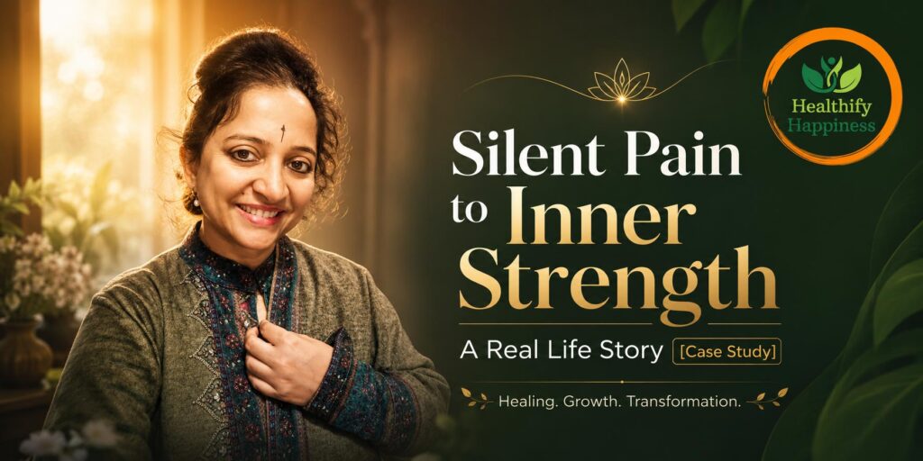 A woman smiling confidently representing a real life emotional healing journey from silent pain to inner strength by Healthify Happiness.