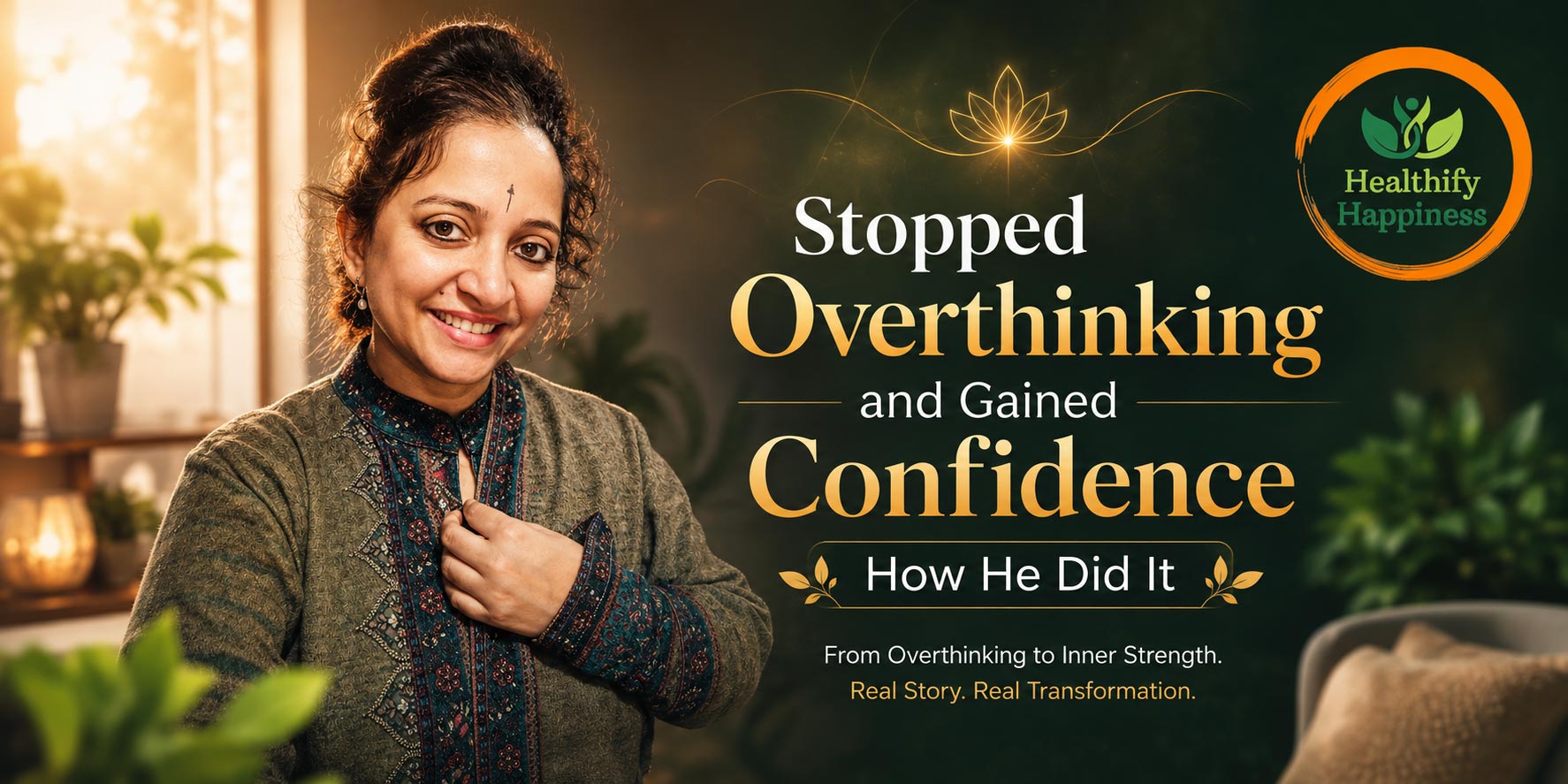 Woman smiling confidently after overcoming overthinking, representing emotional healing and confidence transformation.
